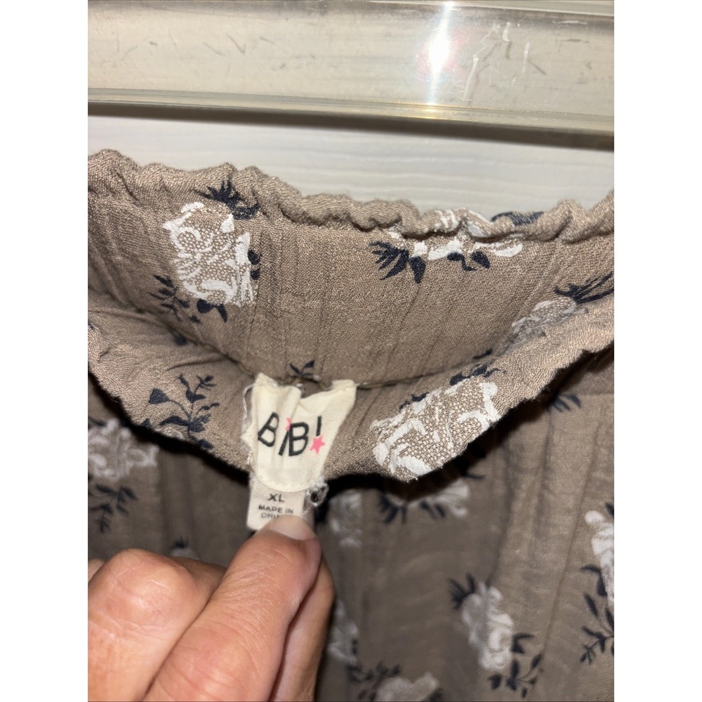 Bibi XL Tan Ivory Green Floral Midi Skirt Cottagecore Prairie Boho Slit Pull On - Picture 5 of 12